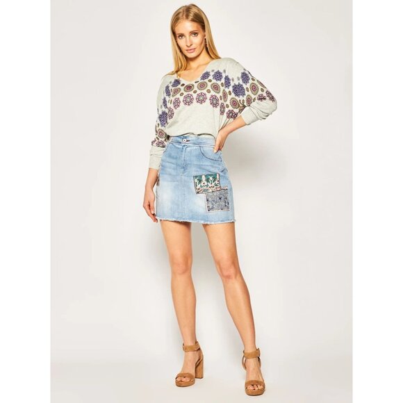 Desigual Size 30 Blue Denim Patty Embroidered Patchwork Boho A-Line Mini Skirt - Picture 2 of 13